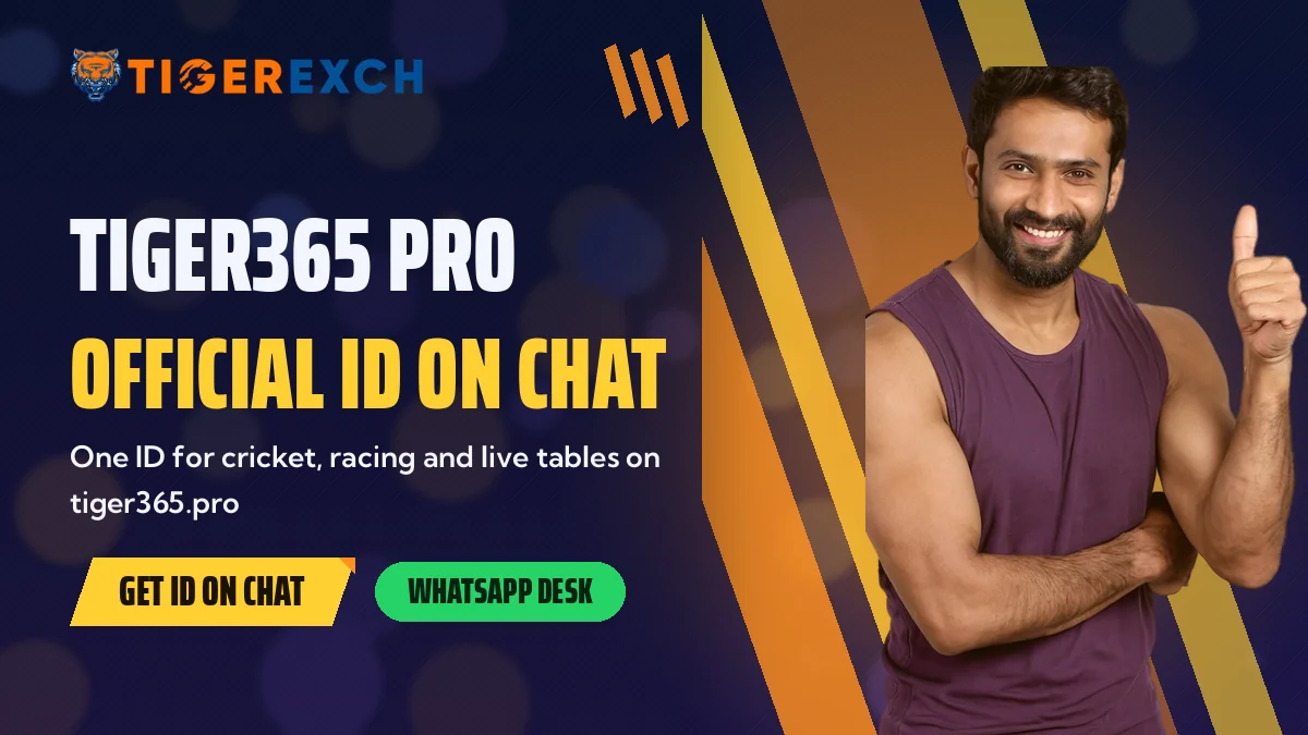 Tiger365 Pro: Official ID On Chat banner, One ID for cricket, racing and live tables on tiger365.pro, with a man in a purple tank top
